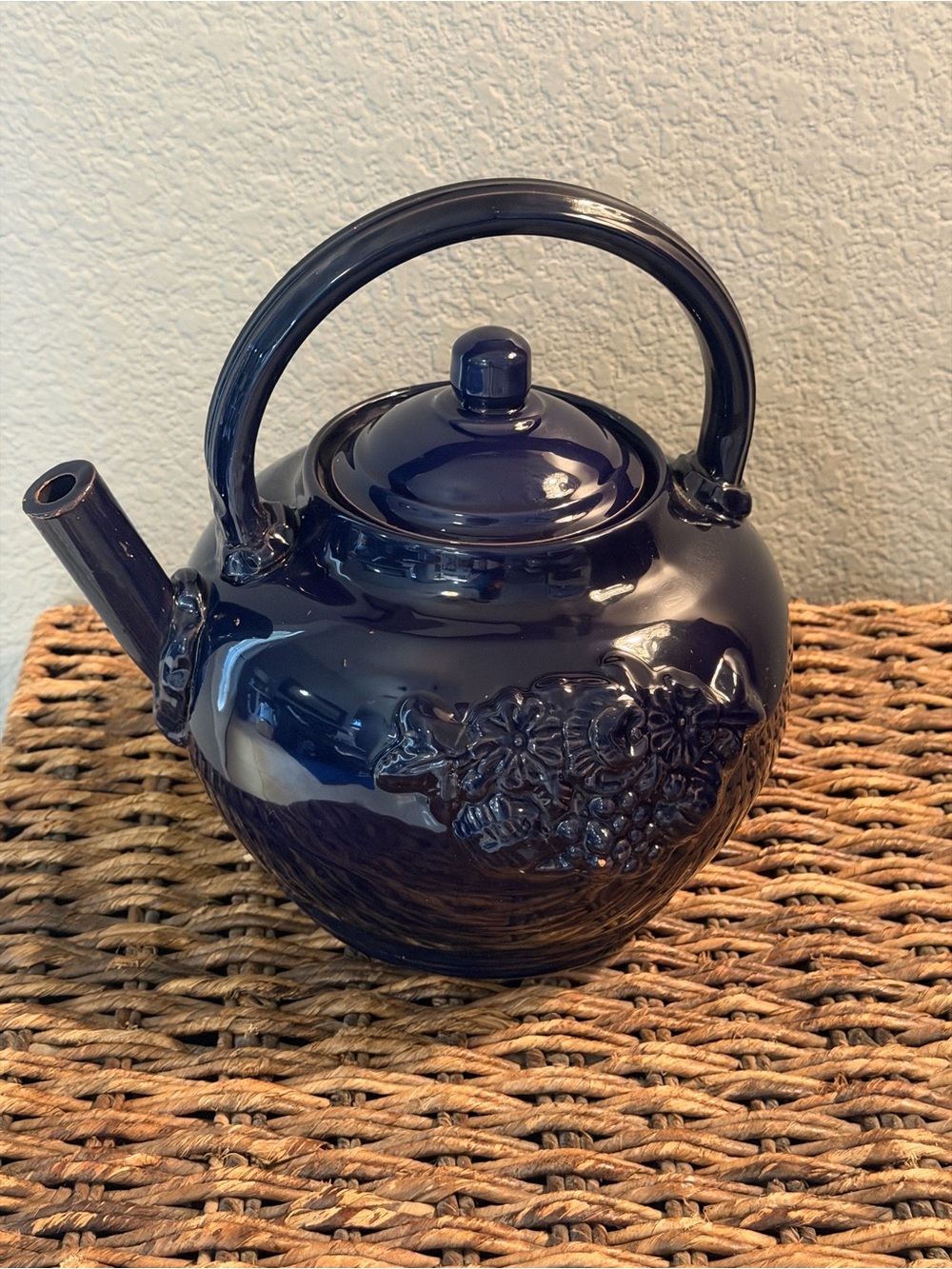 Made in Italy Cobalt Blue Ceramic Teapot Kettle Raised Fruit Floral Decor